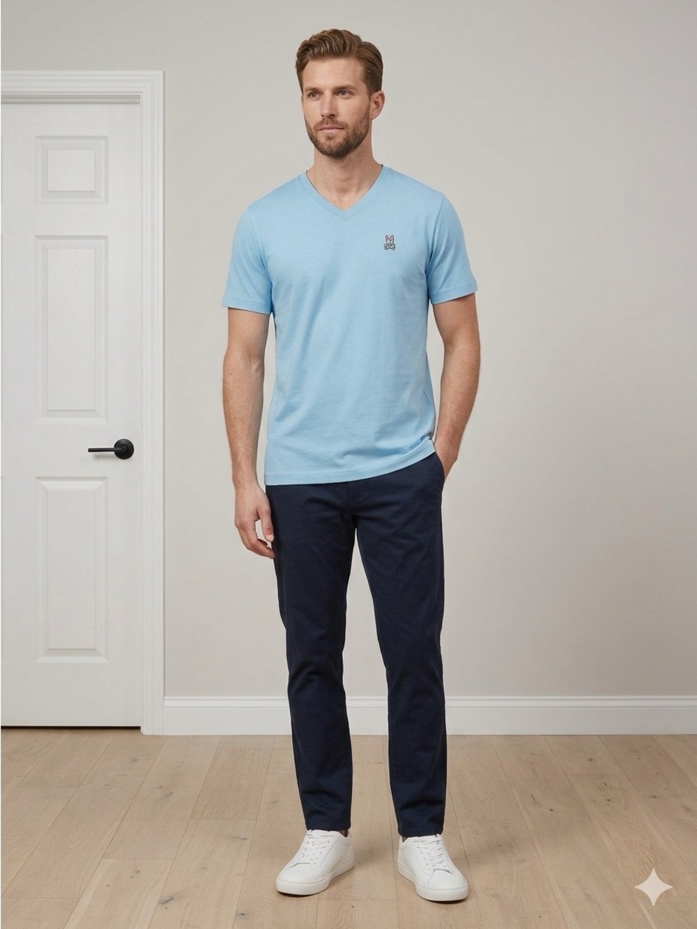 Psycho Bunny Light Blue V-Neck Tee Size 7 XL has one small flaw as seen in pic